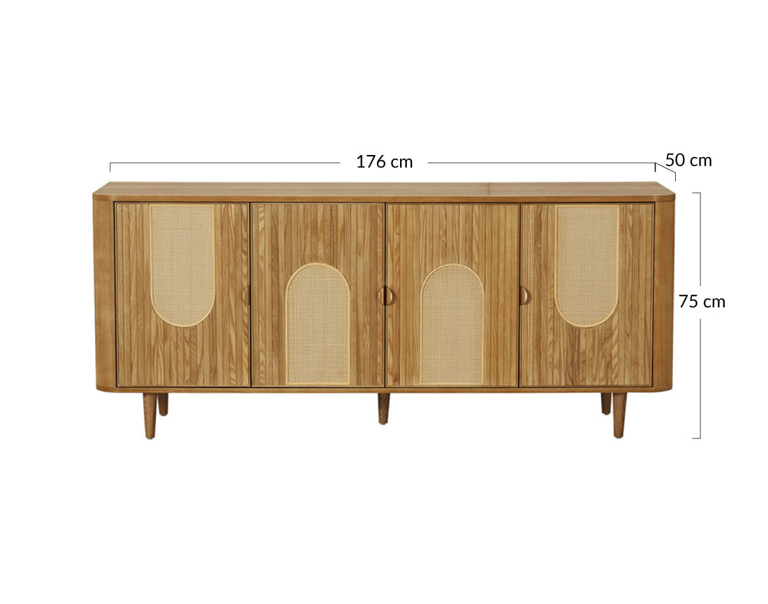 Buffet bas bois plaqué chêne et cannage 176 cm Milazzo