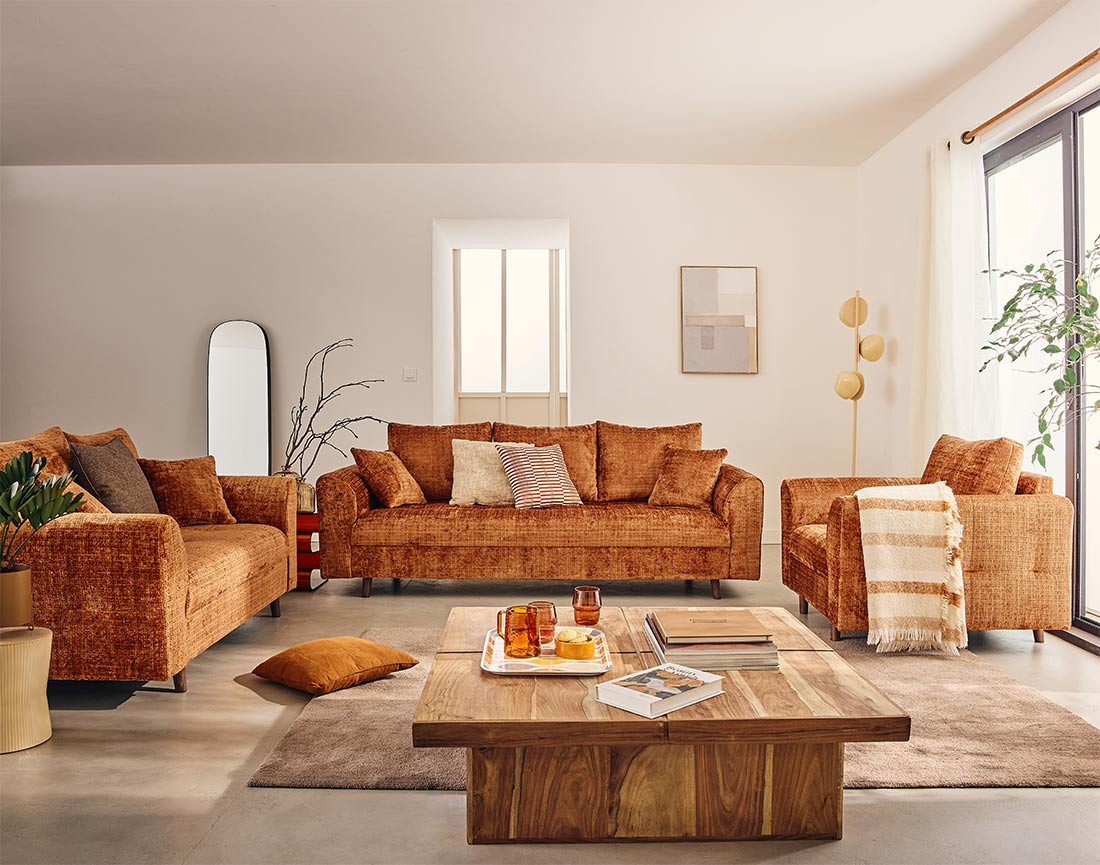 Canapé droit 2 places en velours texturé Rune