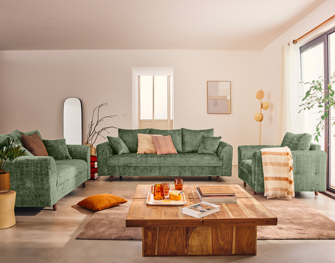 Canapé droit 3 places en velours texturé Rune