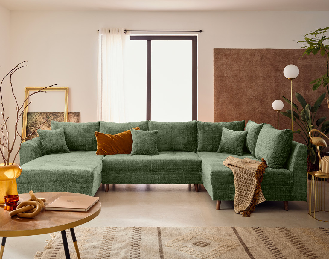 Canapé panoramique d'angle droit 7 places en velours texturé Rune