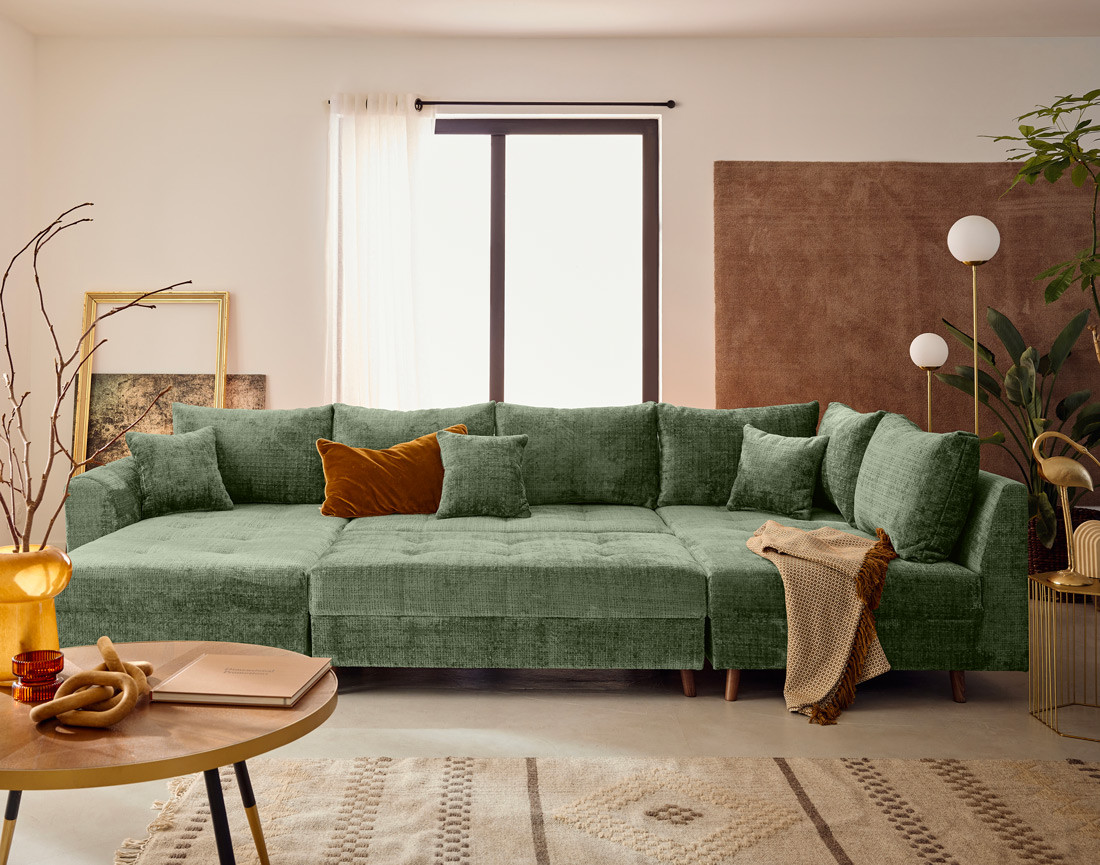 Canapé panoramique d'angle droit 7 places en velours texturé Rune