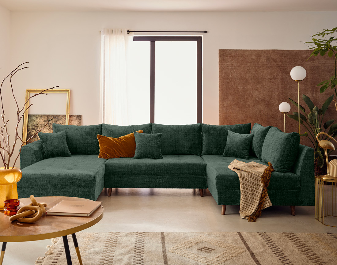 Canapé panoramique d'angle droit 7 places en velours texturé Rune