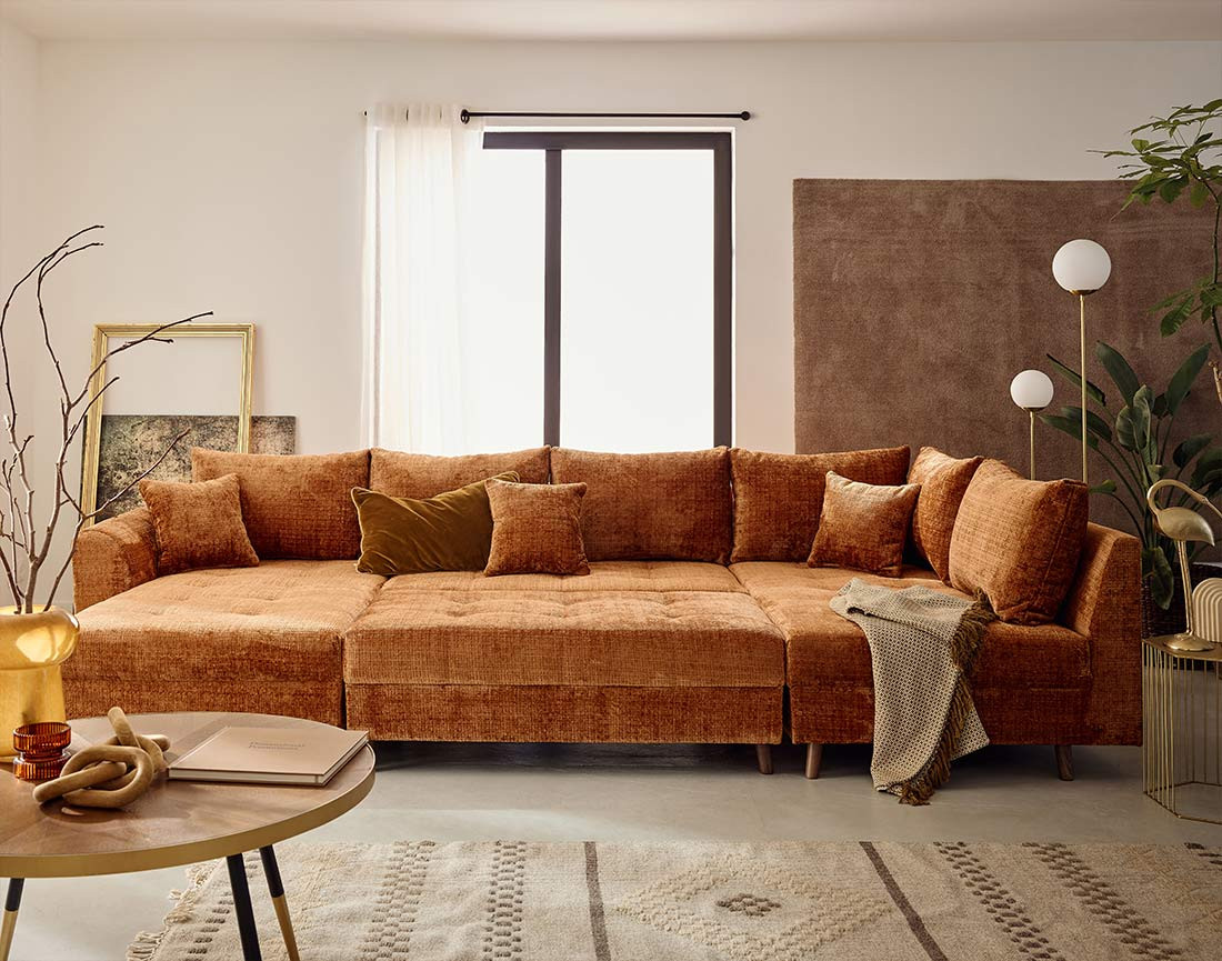 Canapé panoramique d'angle droit 7 places en velours texturé Rune
