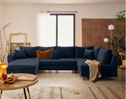 Canapé panoramique d'angle droit 7 places en velours texturé Rune