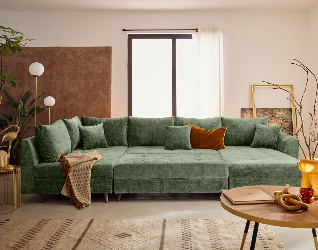 Canapé panoramique d'angle gauche 7 places en velours texturé Rune