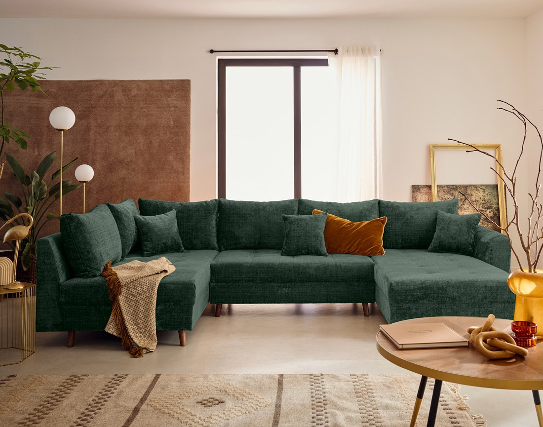 Canapé panoramique d'angle gauche 7 places en velours texturé Rune