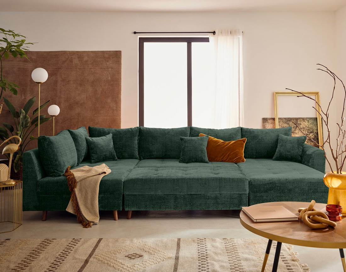 Canapé panoramique d'angle gauche 7 places en velours texturé Rune