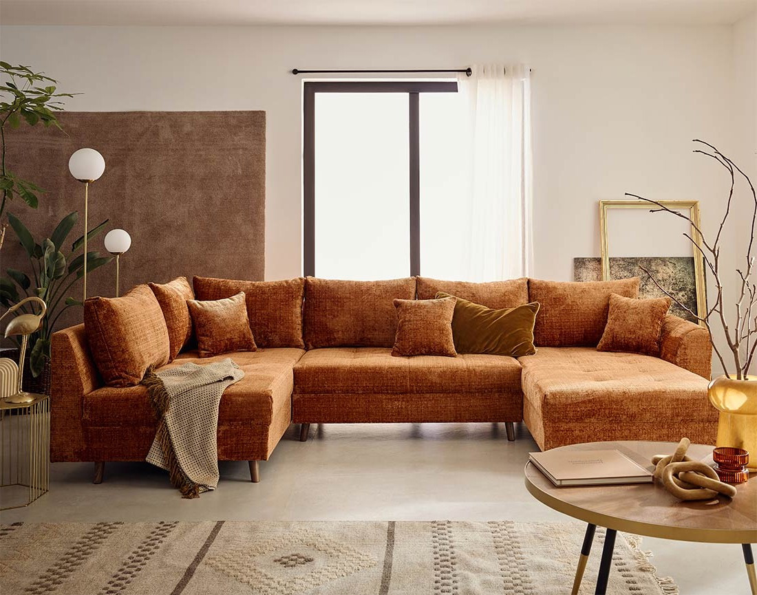 Canapé panoramique d'angle gauche 7 places en velours texturé Rune
