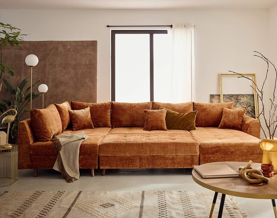Canapé panoramique d'angle gauche 7 places en velours texturé Rune