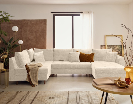 Canapé panoramique d'angle gauche 7 places en velours texturé Rune