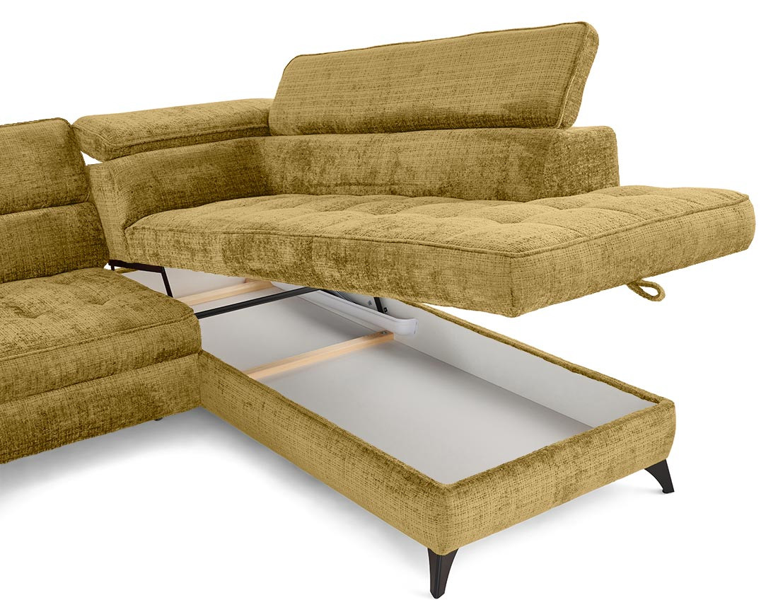 Canapé d'angle droit convertible avec coffre en velours texturé Marlo