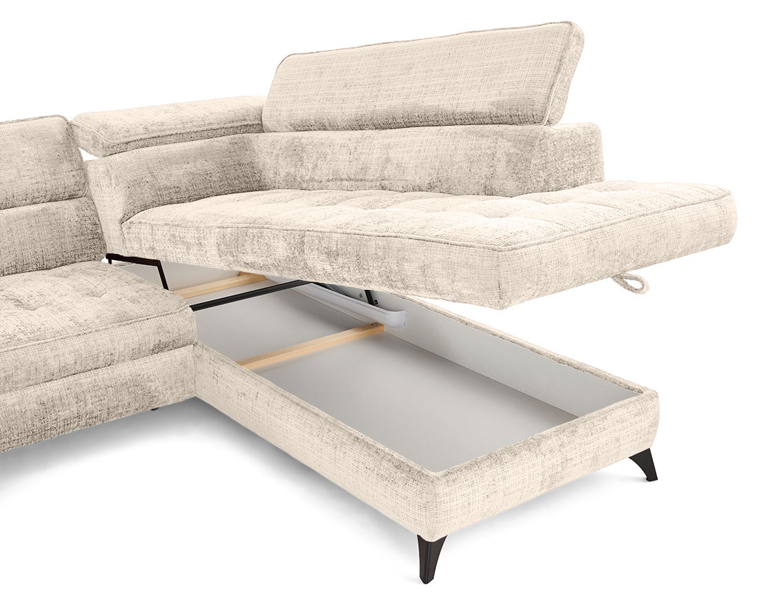 Canapé d'angle droit convertible avec coffre en velours texturé Marlo