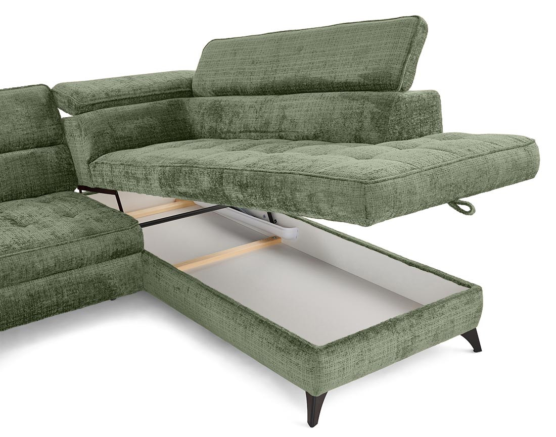 Canapé d'angle droit convertible avec coffre en velours texturé Marlo