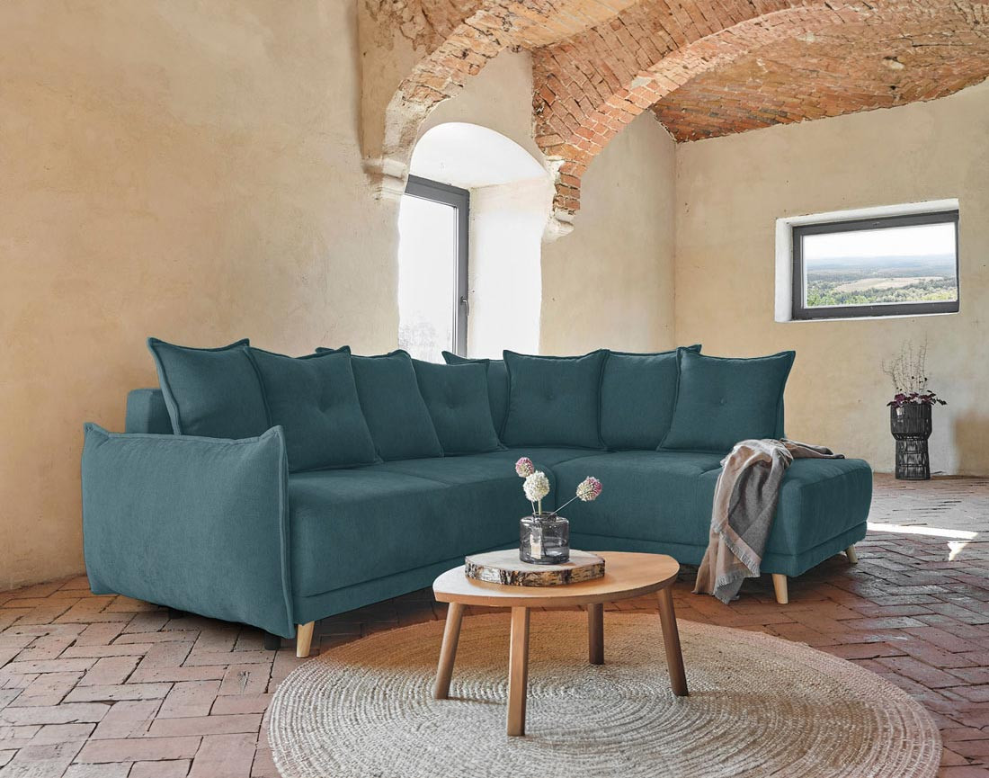 Lena - canapé d’angle droit bleu canard convertible au style scandinave