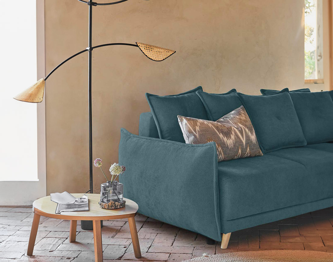 Lena - canapé d’angle droit bleu canard convertible au style scandinave