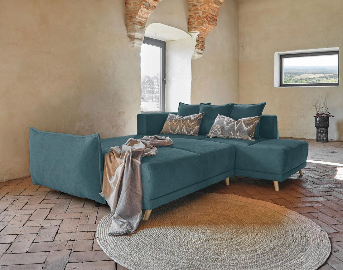 Lena - canapé d’angle droit bleu canard convertible au style scandinave