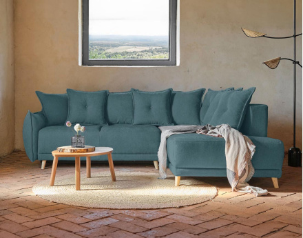 Lena - canapé d’angle droit bleu canard convertible au style scandinave