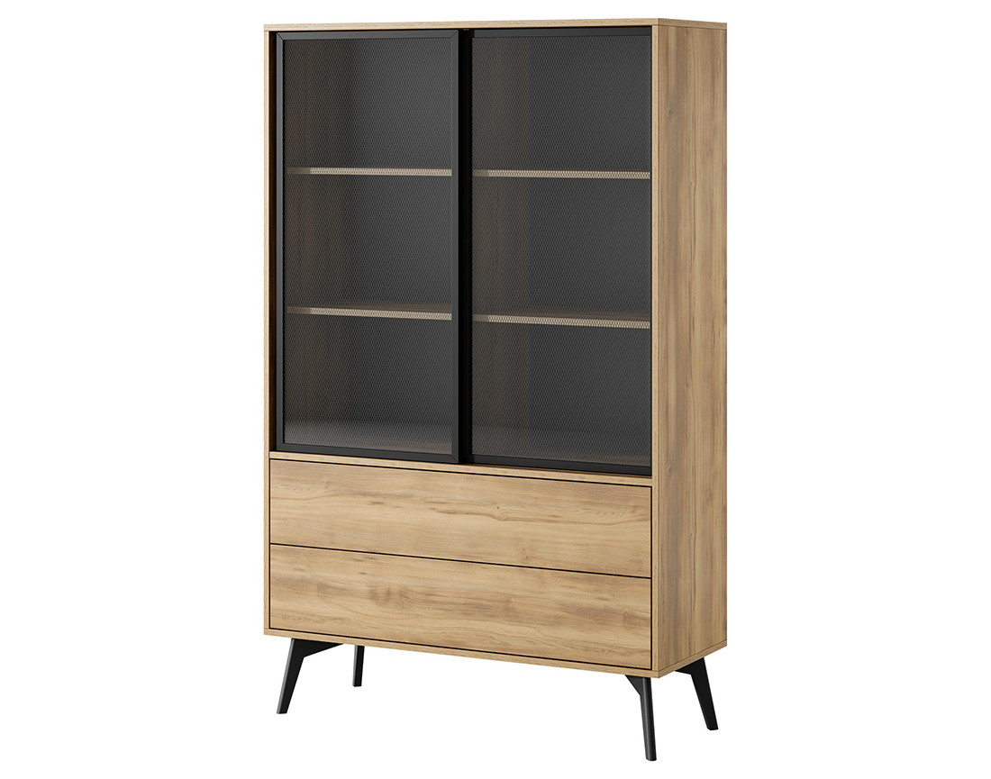 Vitrine 2 portes et 2 tiroirs bois et métal noir 144 cm Larry