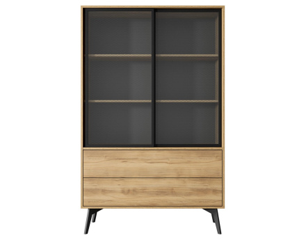 Vitrine 2 portes et 2 tiroirs bois et métal noir 144 cm Larry