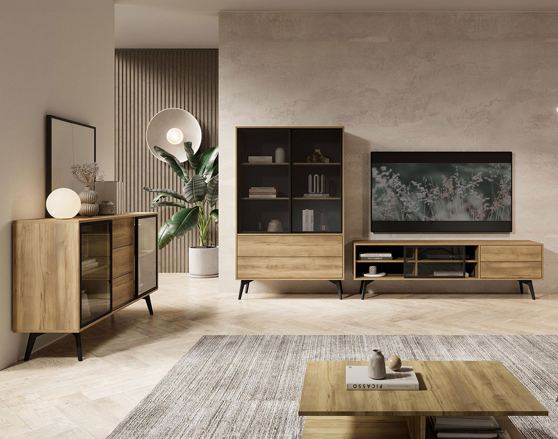 Buffet bas 2 portes et 3 tiroirs bois et métal noir 144 cm Larry