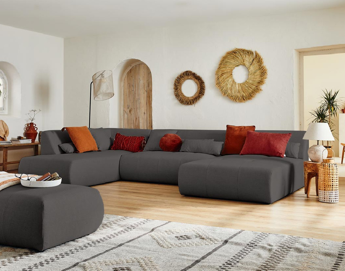 Canapé panoramique d'angle gauche 7 places en tissu Onyx