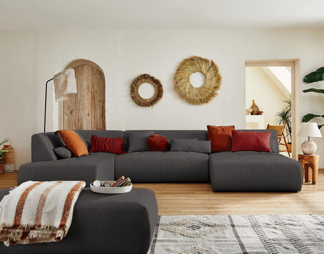 Canapé panoramique d'angle gauche 7 places en tissu Onyx