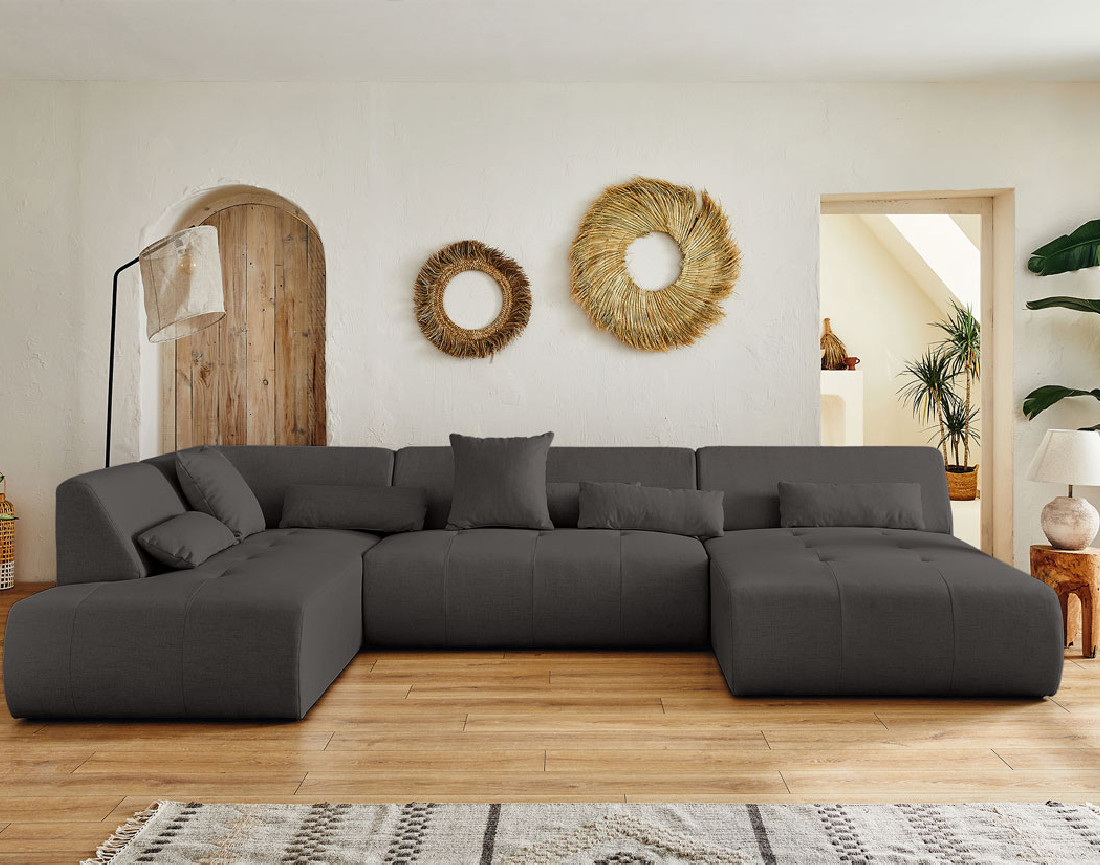 Canapé panoramique d'angle gauche 7 places en tissu Onyx