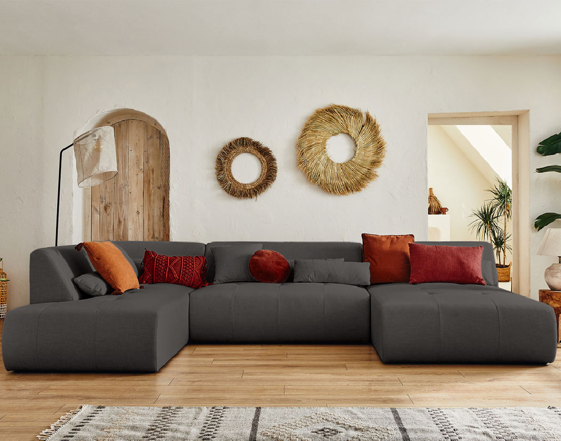 Canapé panoramique d'angle gauche 7 places en tissu Onyx