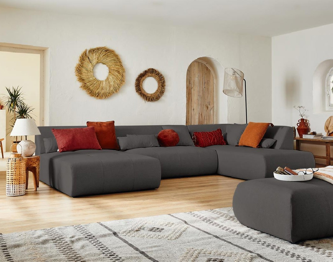 Canapé panoramique d'angle droit 7 places en tissu Onyx