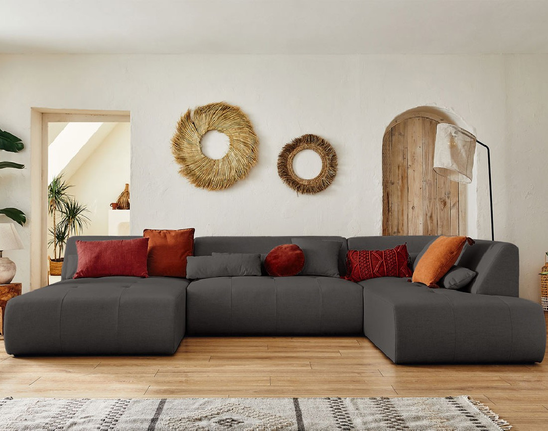 Canapé panoramique d'angle droit 7 places en tissu Onyx