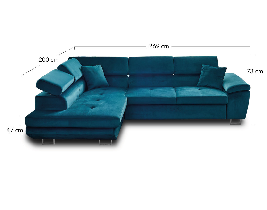 Canapé d'angle gauche 5 places convertible avec coffre et têtières réglables en velours Dimas