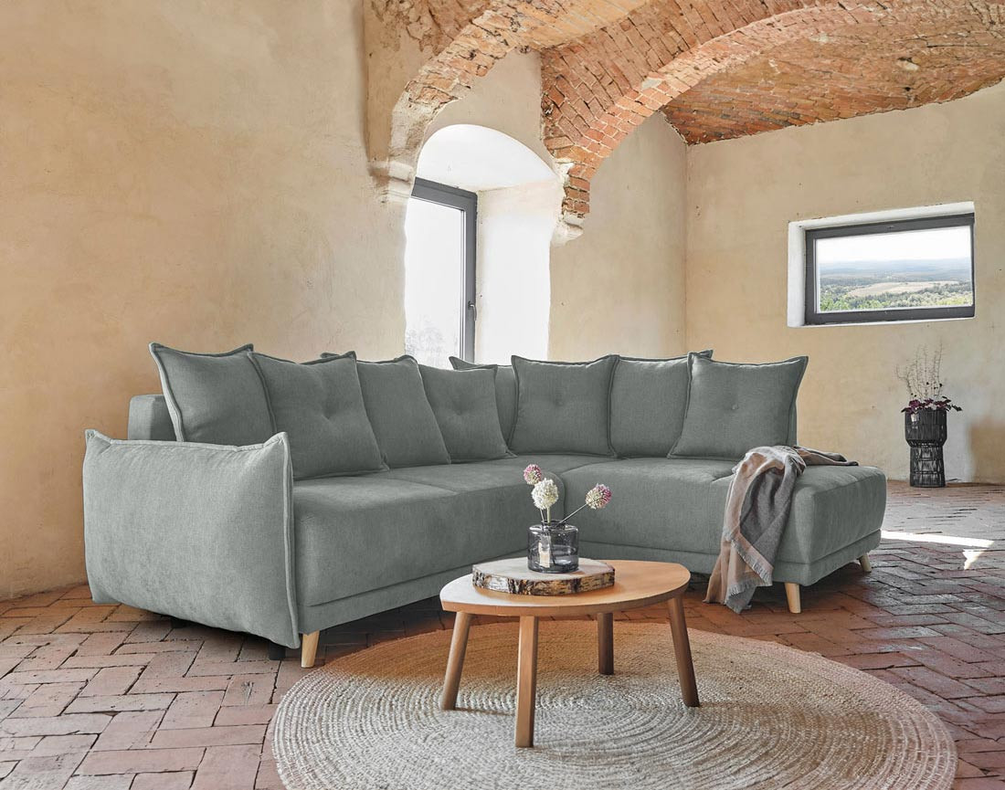 Lena - canapé d’angle droit gris clair convertible au style scandinave