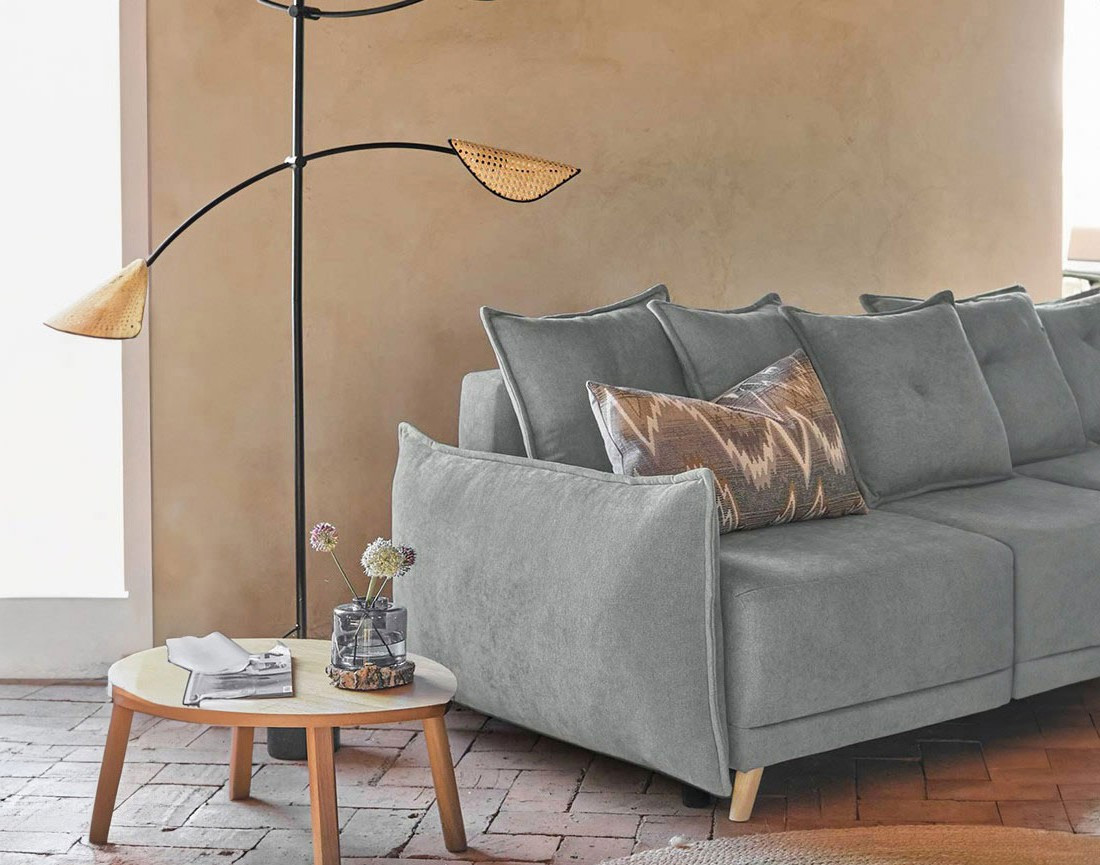 Lena - canapé d’angle droit gris clair convertible au style scandinave