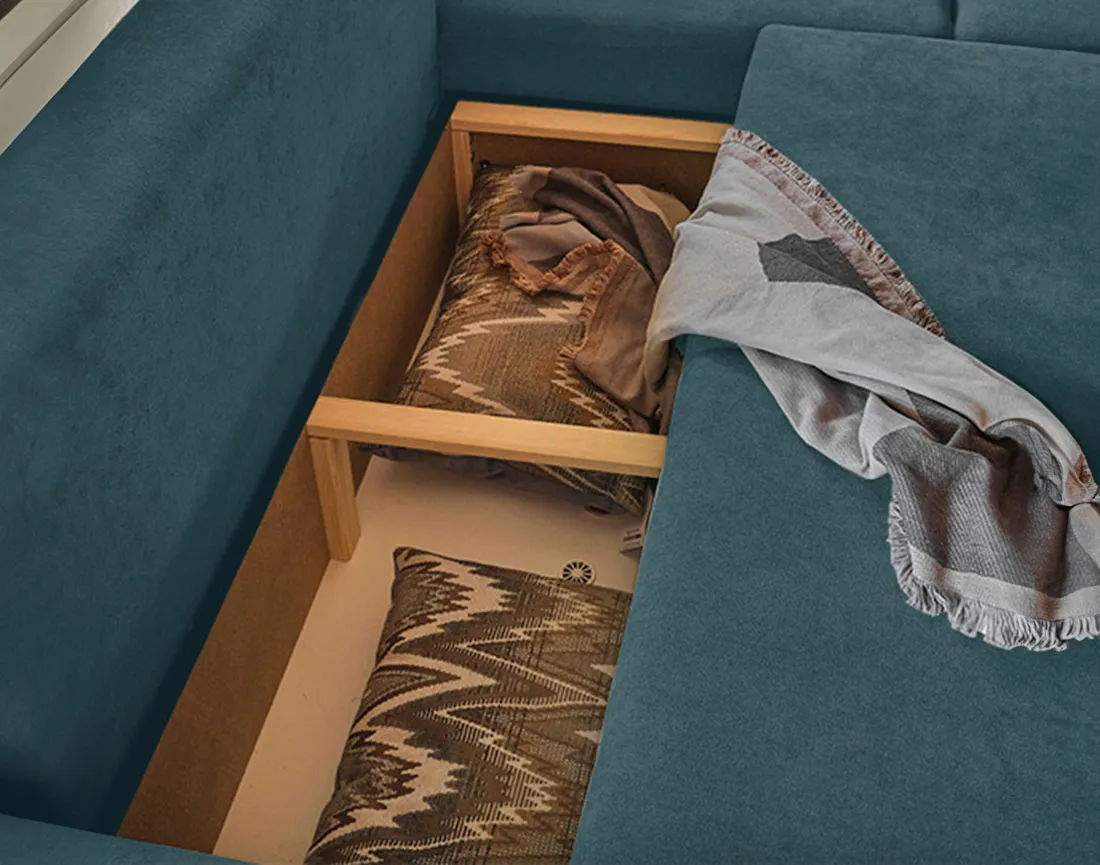 Lena - canapé d’angle droit bleu canard convertible au style scandinave