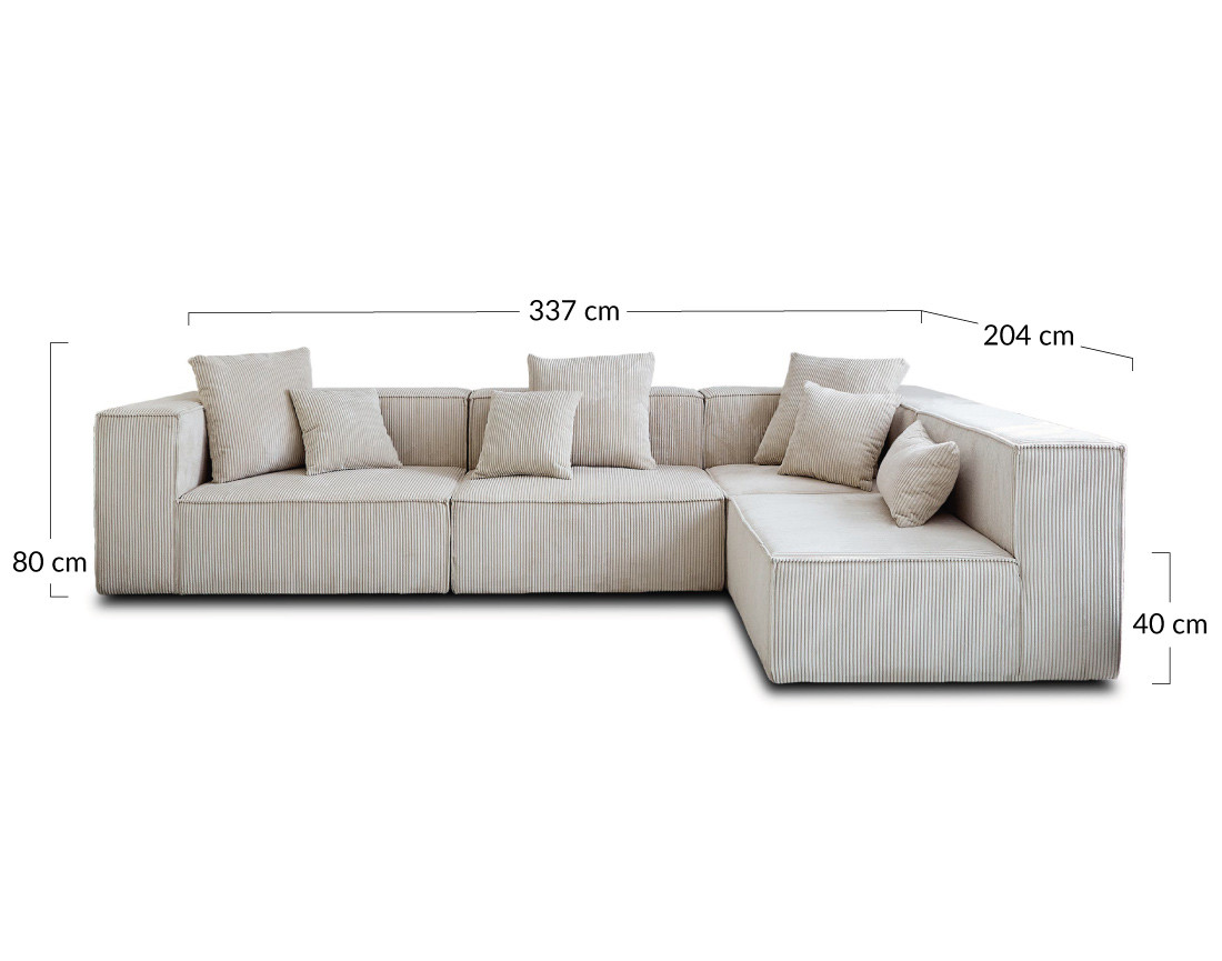 Canapé modulable d'angle droit 5 places en velours côtelé Colombine