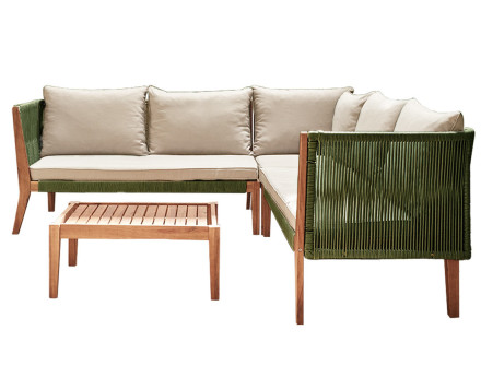 Salon de jardin en bois et corde kaki 5 places coussins beige Papua