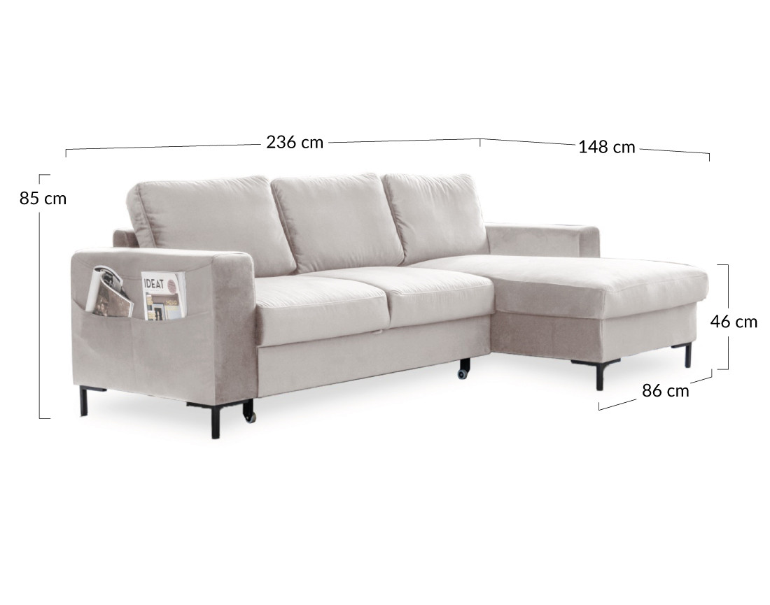 Canapé d'angle droit 4 places convertible avec coffre en velours
