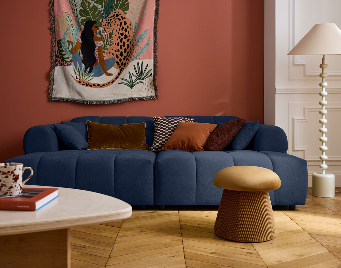 Canapé droit 4 places avec double méridienne en tissu texturé Ray