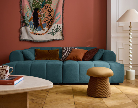 Canapé droit 4 places avec double méridienne en tissu texturé Ray