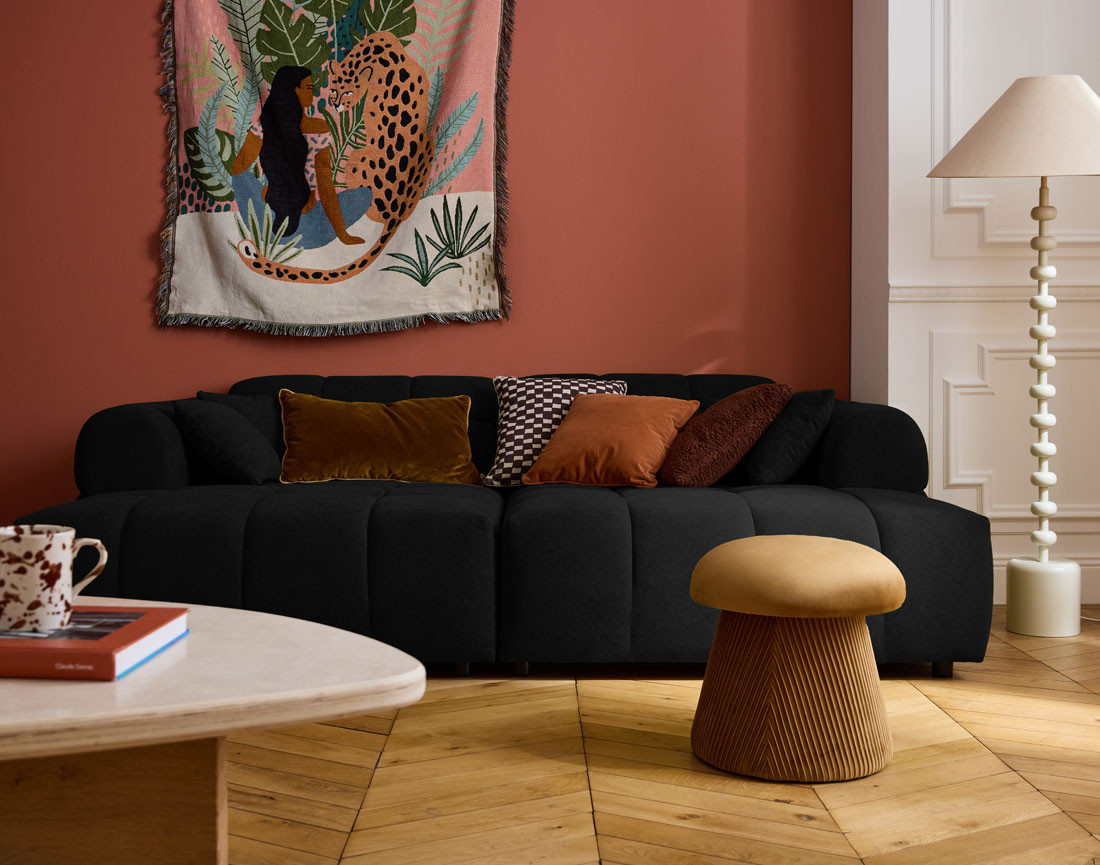 Canapé droit 4 places avec double méridienne en tissu texturé Ray