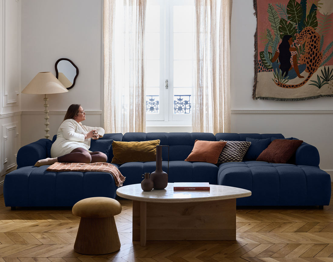 Canapé panoramique en U 7 places en tissu texturé Ray