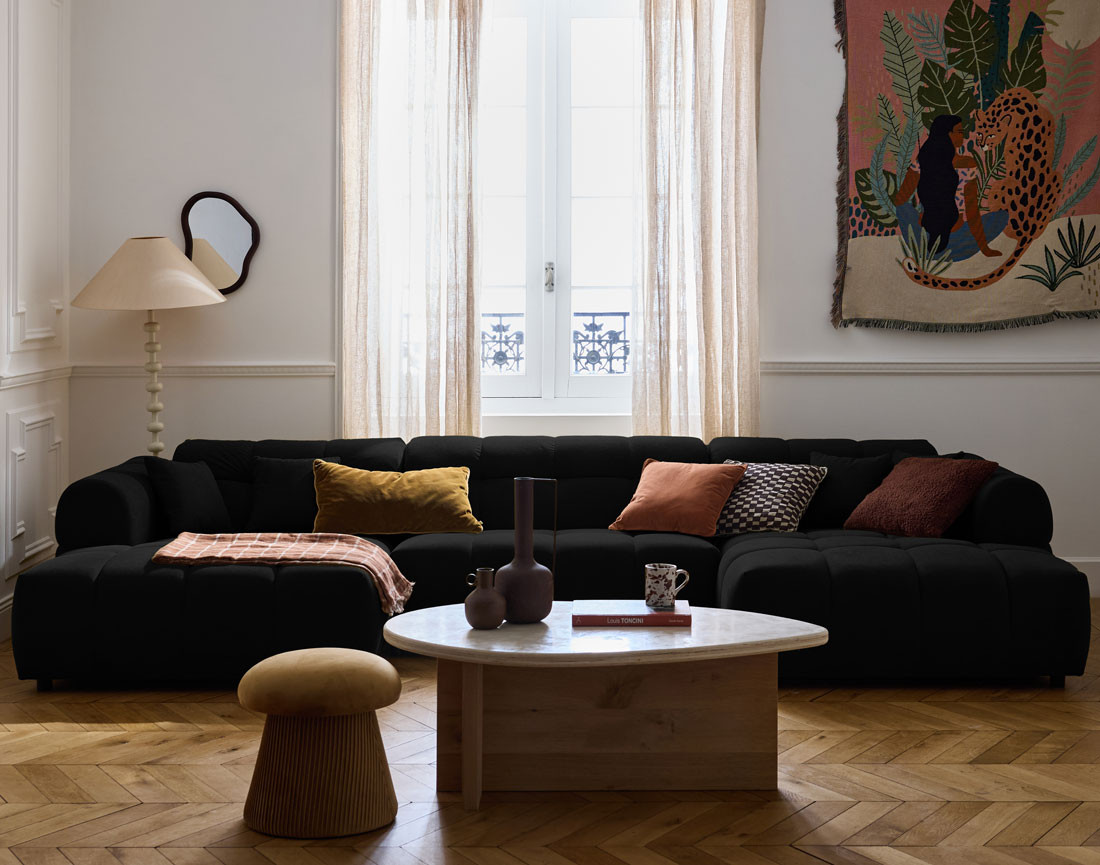 Canapé panoramique en U 7 places en tissu texturé Ray