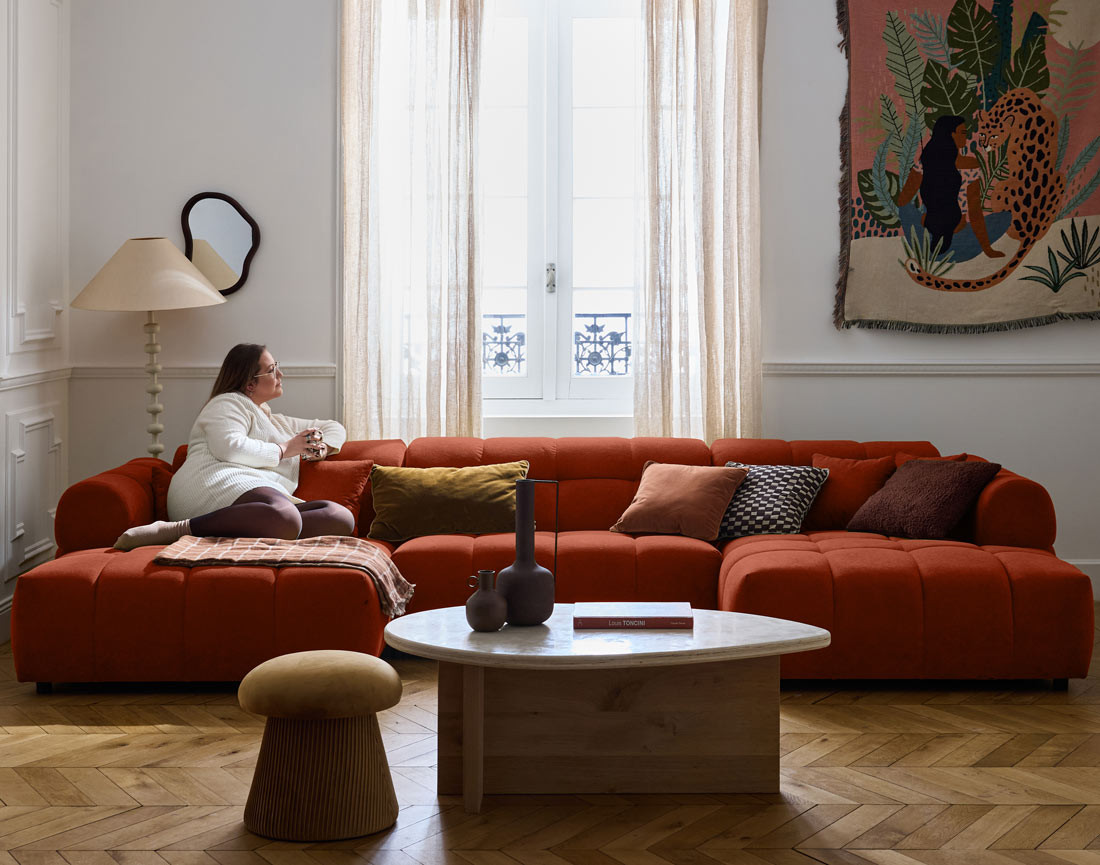 Canapé panoramique en U 7 places en tissu texturé Ray