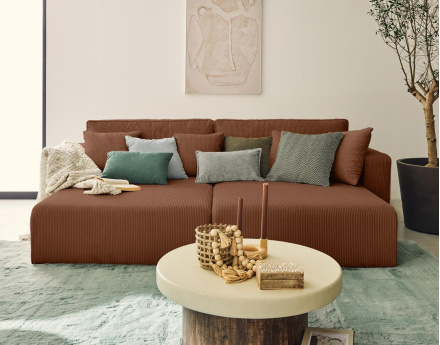 Canapé droit 4 places avec double méridienne assise profonde en velours côtelé Topaze