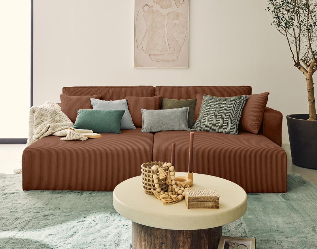 Canapé droit 4 places avec double méridienne assise profonde en velours côtelé Topaze