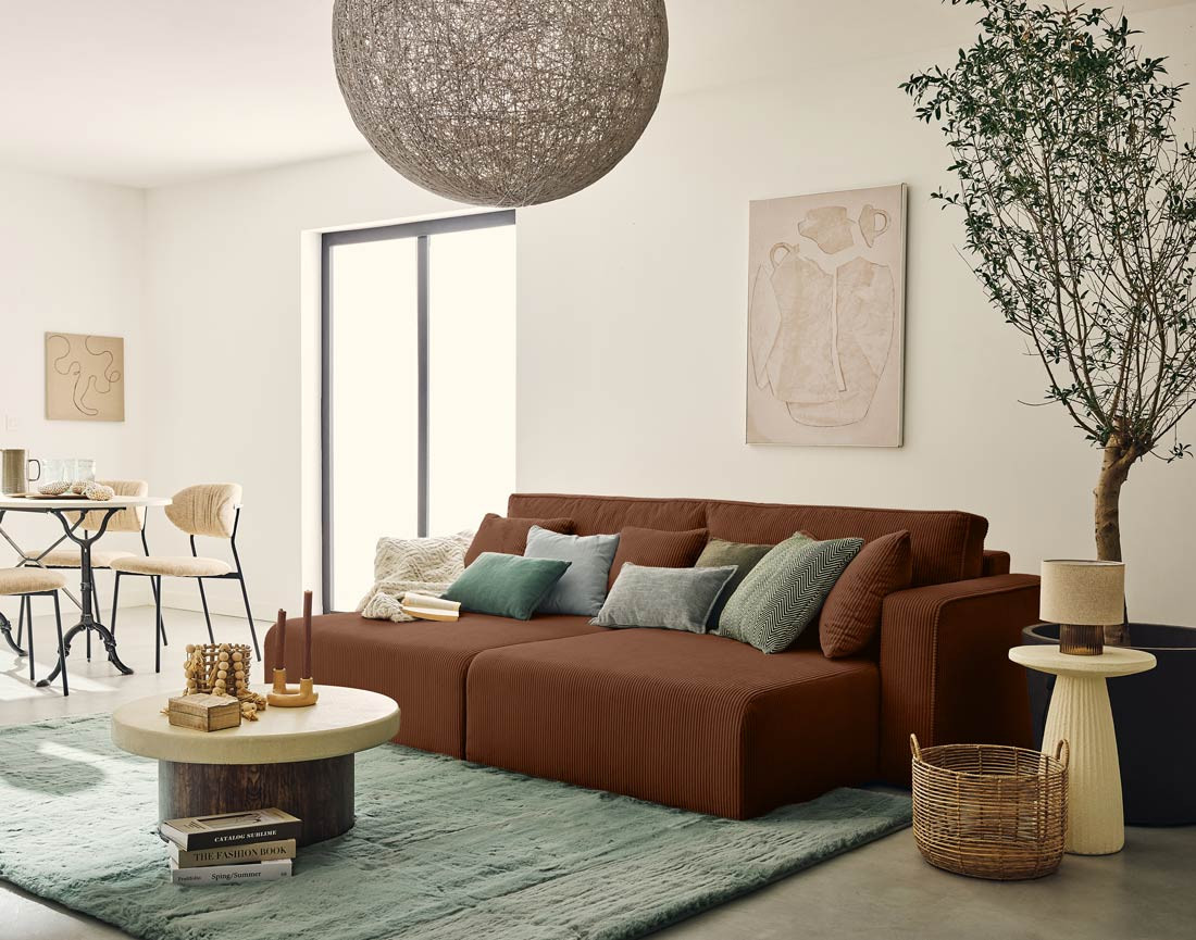 Canapé droit 4 places avec double méridienne assise profonde en velours côtelé Topaze