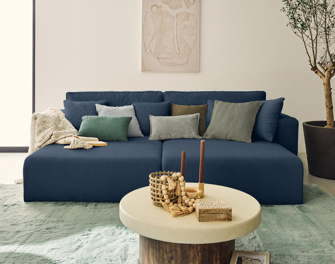 Canapé droit 4 places avec double méridienne assise profonde en velours côtelé Topaze