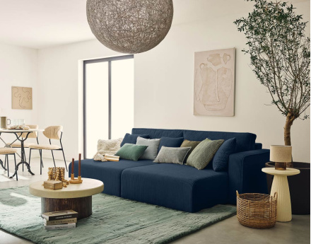 Canapé droit 4 places avec double méridienne assise profonde en velours côtelé Topaze