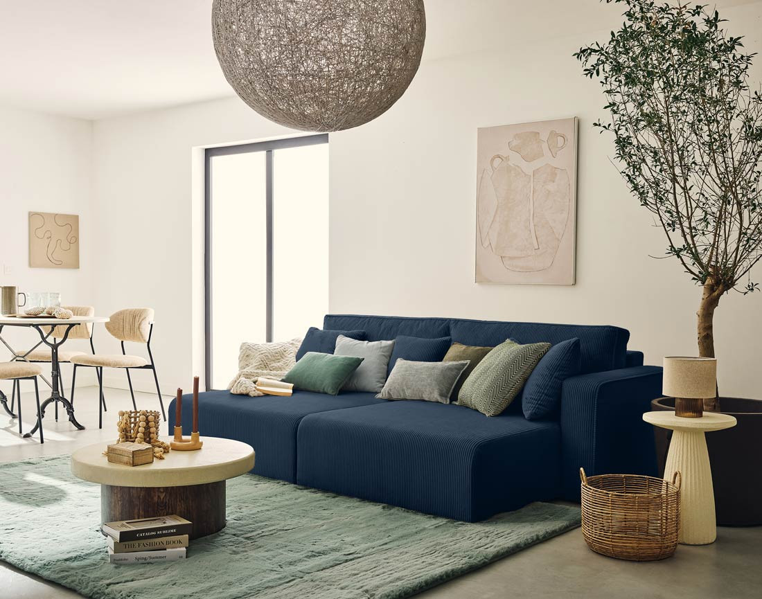 Canapé droit 4 places avec double méridienne assise profonde en velours côtelé Topaze