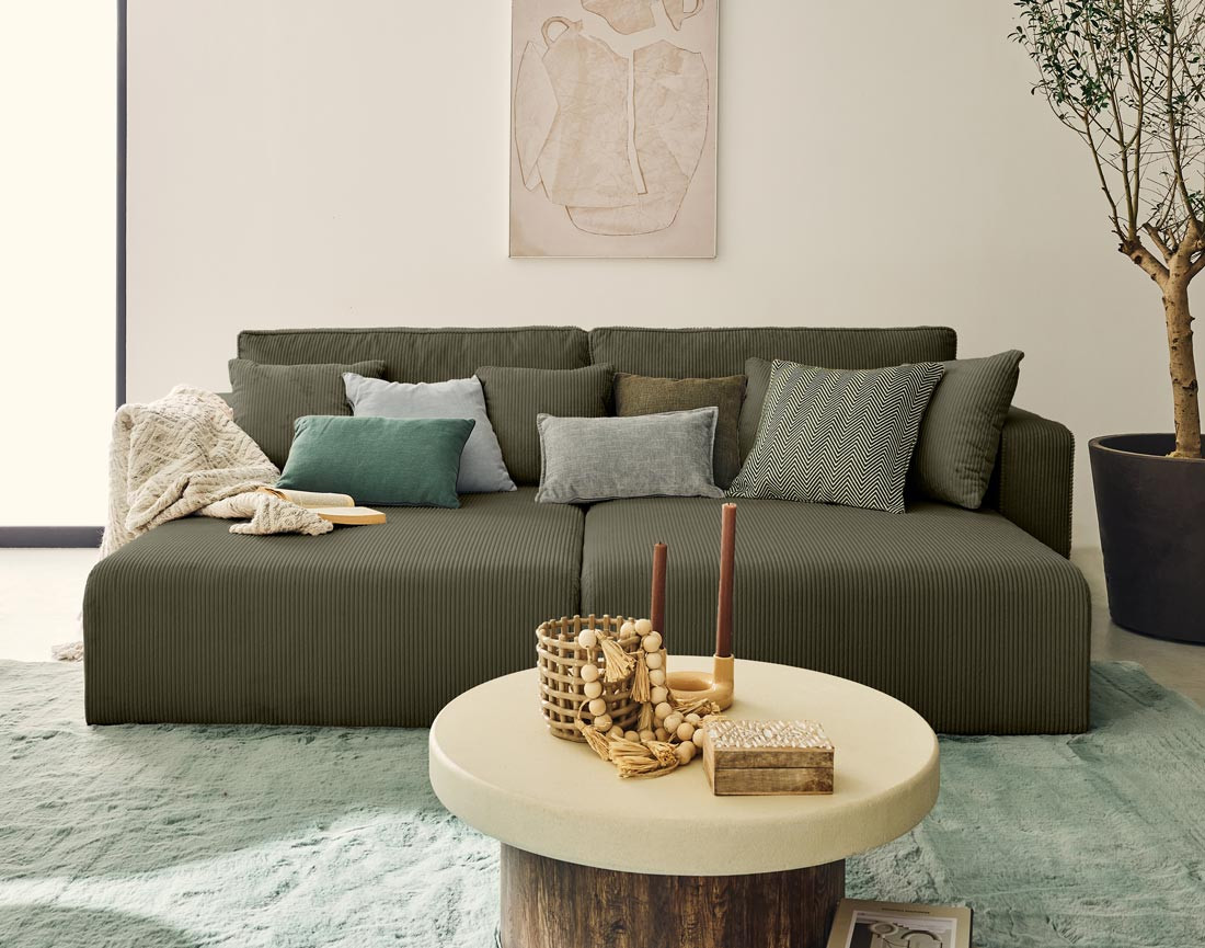 Canapé droit 4 places avec double méridienne assise profonde en velours côtelé Topaze